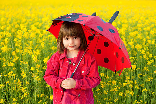 Little girl ir red jacket holding red umbrella and posing in the field with yellow flowers.