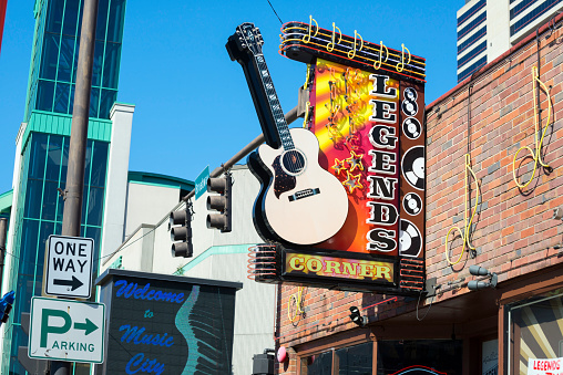 Nashville, TN, USA - April 5, 2013: Sign for the honky tonk bar called Legends Corner on Broadway in downtown Nashville