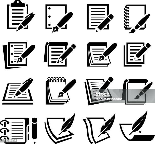Blocco Note E Penna Vettoriale Bianco E Nero Icona Set - Immagini vettoriali stock e altre immagini di Blocco per appunti