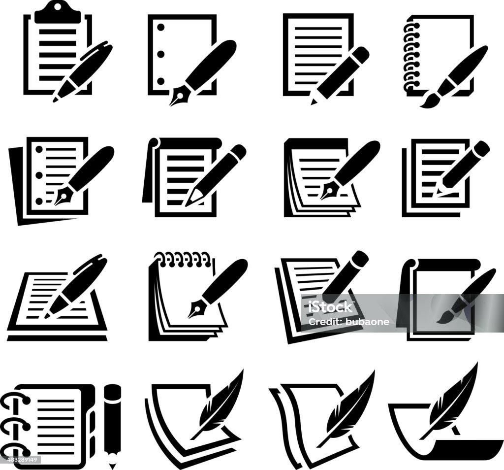 Notebook and Pen black & white vector icon set Notebook and Pen black and white royalty free vector interface icon set. This editable vector file features black interface icons on white Background. The interface icons are organized in rows and can be used as app interface icons, online as internet web buttons, and in digital and print. Note Pad stock vector