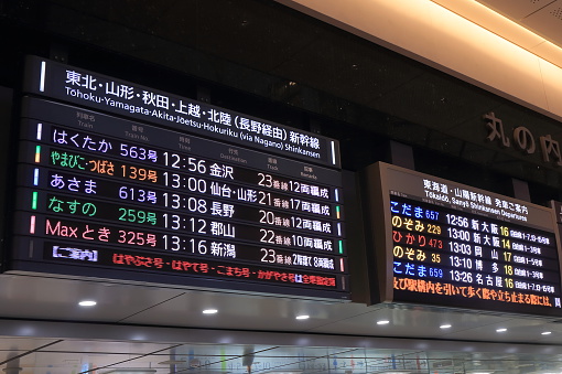 Tokyo Japan - May 9, 2015: Japanese bullet train Shinkansen departure information board at Tokyo train station in Tokyo Japan.