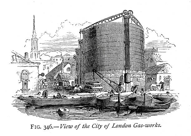 City of London Gas Works Vintage engraving of the City of London Gas Works, 1883 gas fired power station stock illustrations