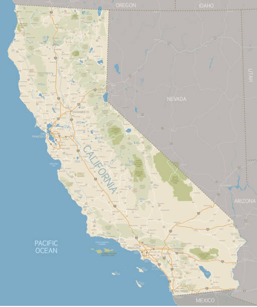 California Map A detailed map of California state with cities, roads, major rivers, and lakes plus National Parks and National Forests. Includes neighboring states and surrounding water.  western usa stock illustrations
