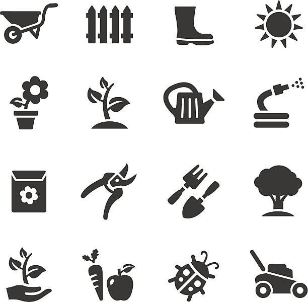 ilustraciones, imágenes clip art, dibujos animados e iconos de stock de basic-iconos de jardinería - herramientas jardineria