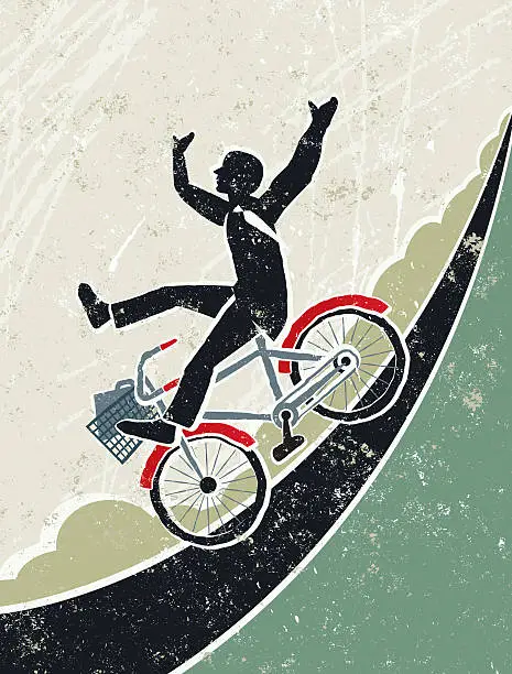 Vector illustration of Businessman Riding Bicycle Down a Steep Hill