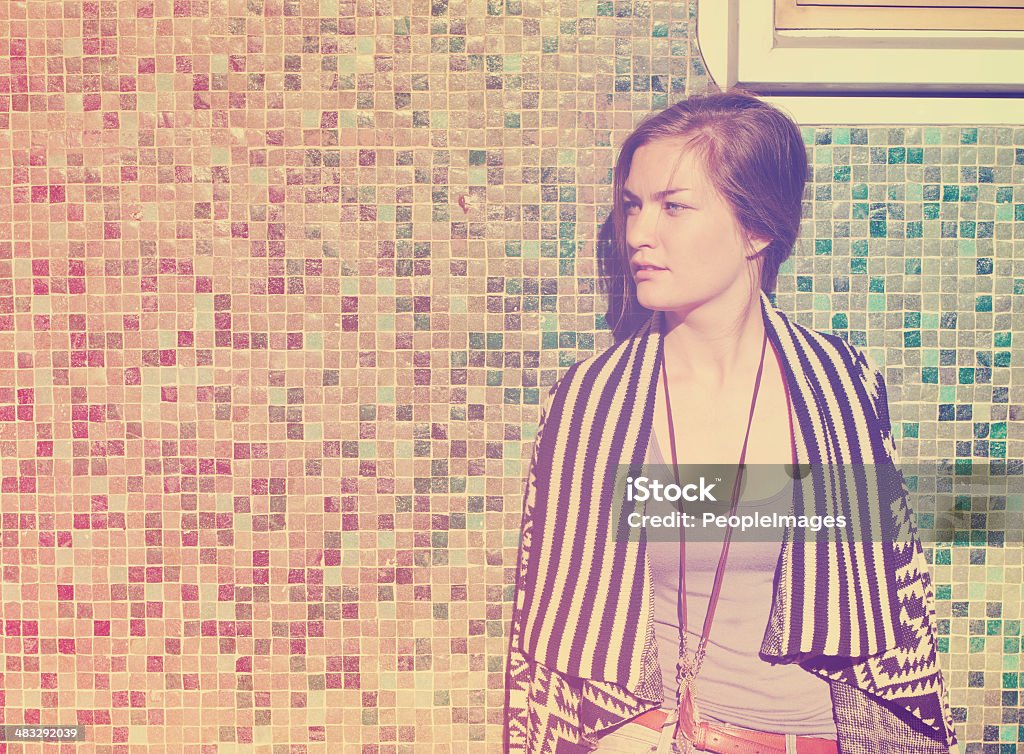 Trendy daydreams Retro style image of a young woman standing against a mosaic backgroundhttp://195.154.178.81/DATA/i_collage/pi/shoots/781151.jpg Mosaic Stock Photo