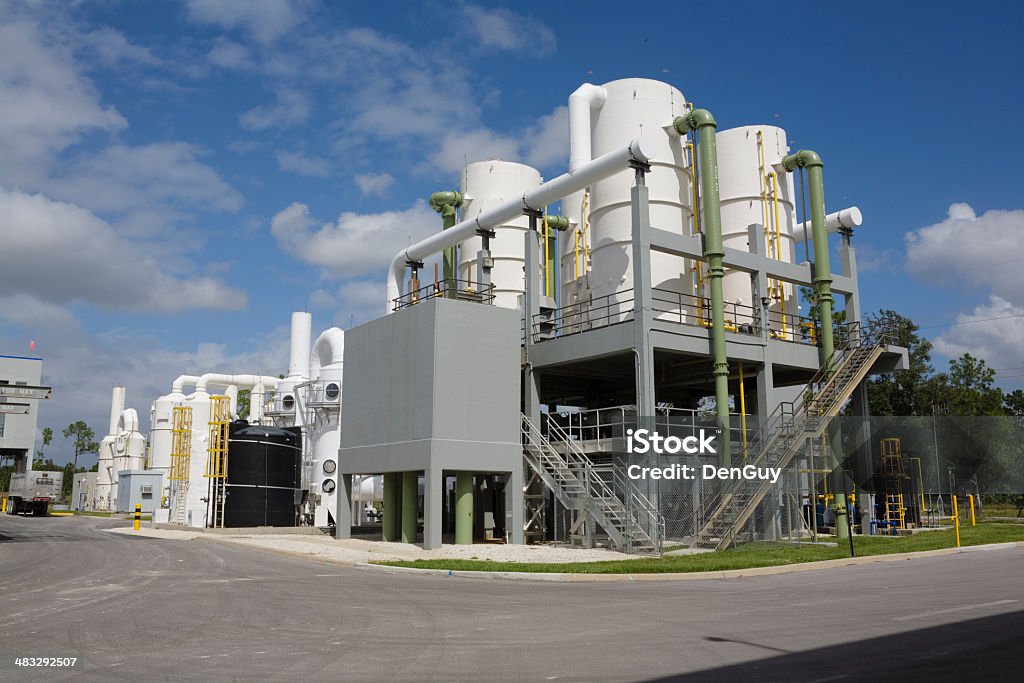 De-Gassing Towers at Water Purification Plant De-gassifier towers at a water treatment plant. Sewage Treatment Plant Stock Photo
