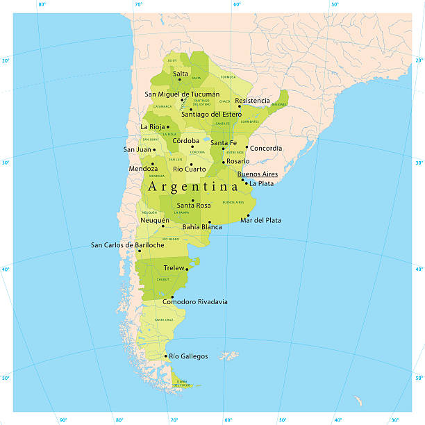 Argentina Vector Map Detailed vector map of Argentina with administrative divisions. Including main rivers and lakes. File was created on October 23, 2013. The colors in the .eps-file are ready for print (CMYK). Included files: EPS (v10) and Hi-Res JPG (5600 × 5600 px). cordoba argentina stock illustrations