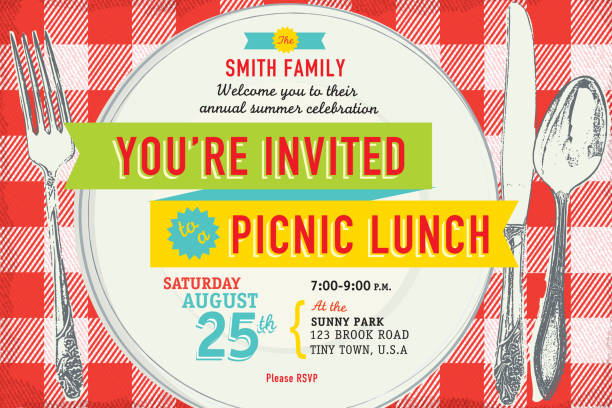 Vector illustation of Retro style family picnic lunch gathering invitation design template. Includes Sample text design and elements, full table cloth background on separate layer, plate, fork, knife and spoon all fully rendered (cropped with clipping mask). Bright colors and lot's of texture. Download includes Illustrator 10 eps with transparencies, high resolution jpg and png file. 