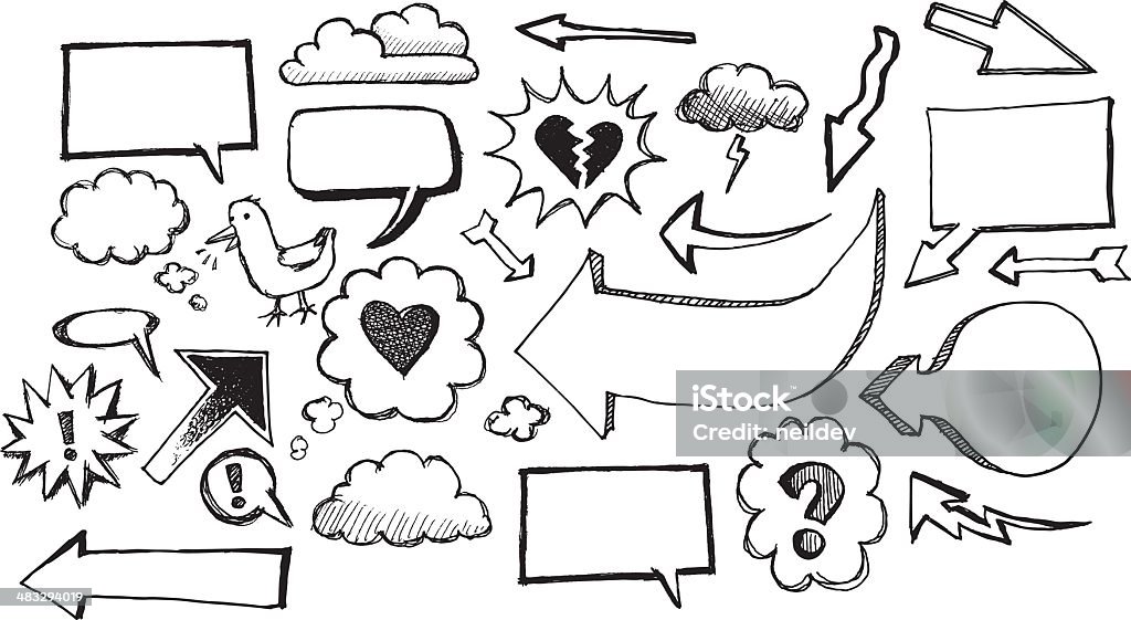 Sketch speech bubbles and arrows Sketches of speech / thought bubbles, arrows, clouds. Includes doodles of icons, ideas, question marks, exclamation marks, twitter birds, love, broken hearts, dialogue, lightning, storm, clouds. Doodle stock vector