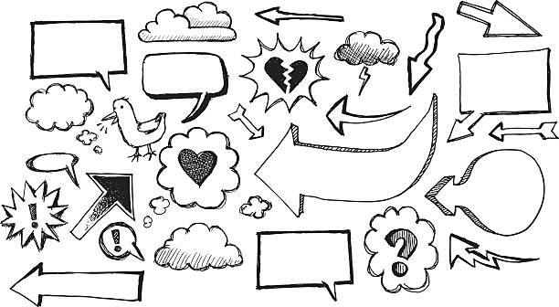 Sketch speech bubbles and arrows Sketches of speech / thought bubbles, arrows, clouds. Includes doodles of icons, ideas, question marks, exclamation marks, twitter birds, love, broken hearts, dialogue, lightning, storm, clouds. bird quotes stock illustrations