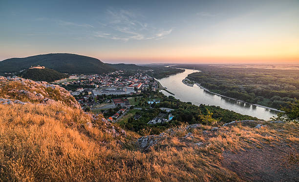istock Small City with River from the Hill at Sunset 483297198