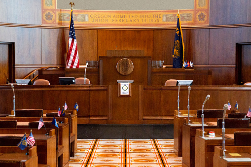 State Senate Chamber of the Oregon state capitol building in Salem, Oregon. It is composed of 30 members and part of the Oregon Legislative Assembly.