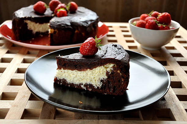 Chocolate pie with ricotta and strawberries stock photo