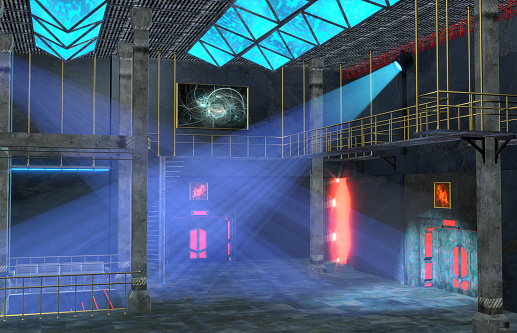 Sci-Fi nightclub interior design 3d illustration with blue volume lights