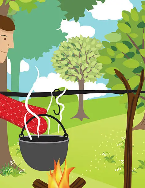 Vector illustration of Man cooking over a campfire