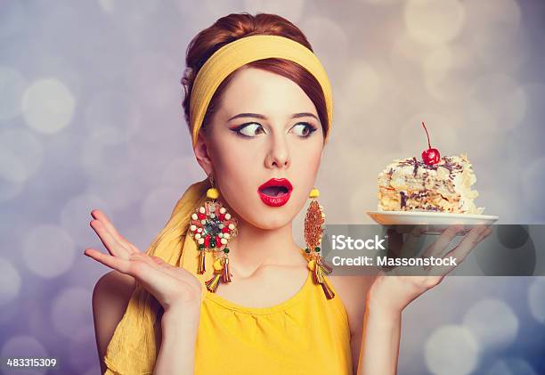 Style Redhead Girl With Cake Stock Photo - Download Image Now - Women, 1950-1959, Cake