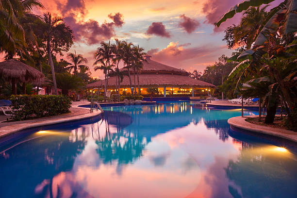 Luxury swiming pool in a tropical resort at sunset stunning caribbean sunset on a pool surrounded of palm trees tourist resort stock pictures, royalty-free photos & images