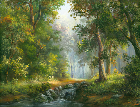 Forest, stream on a sunny summer day. Oil Painting, my own artwork.