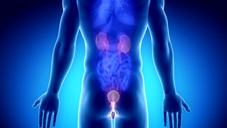 Male urinary and reproductive organs in blue orange x-ray view