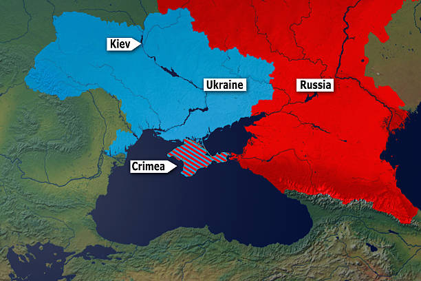 Ukrane and the Crimean Crisis with names View on the globe zoomed on Ukraine(light blue)  and western part of Russia (red)  crimea photos stock pictures, royalty-free photos & images