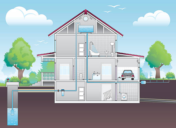 ilustrasi cutaway rumah dengan rencana pipa - toilet perlengkapan rumah tangga yang terpasang ilustrasi ilustrasi stok