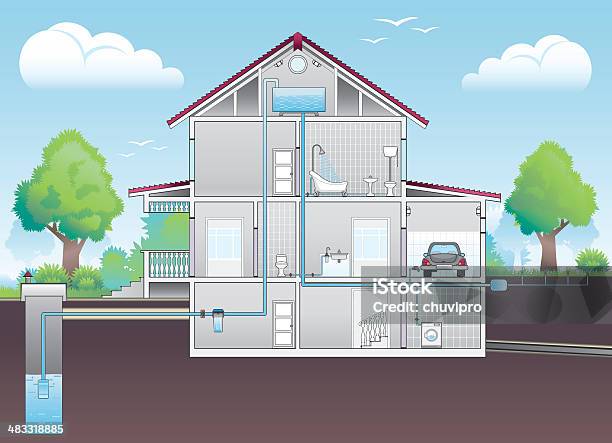 Cutaway Ilustração De Casa Com Canalização Plano - Arte vetorial de stock e mais imagens de Casa - Casa, Cano de água, Vista em corte