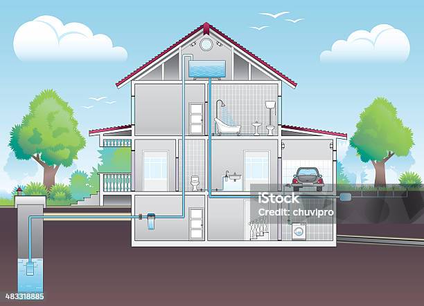 Cutaway Illustration Of House With Plumbing Plan Stock Illustration - Download Image Now - House, Water Pipe, Cutaway Drawing