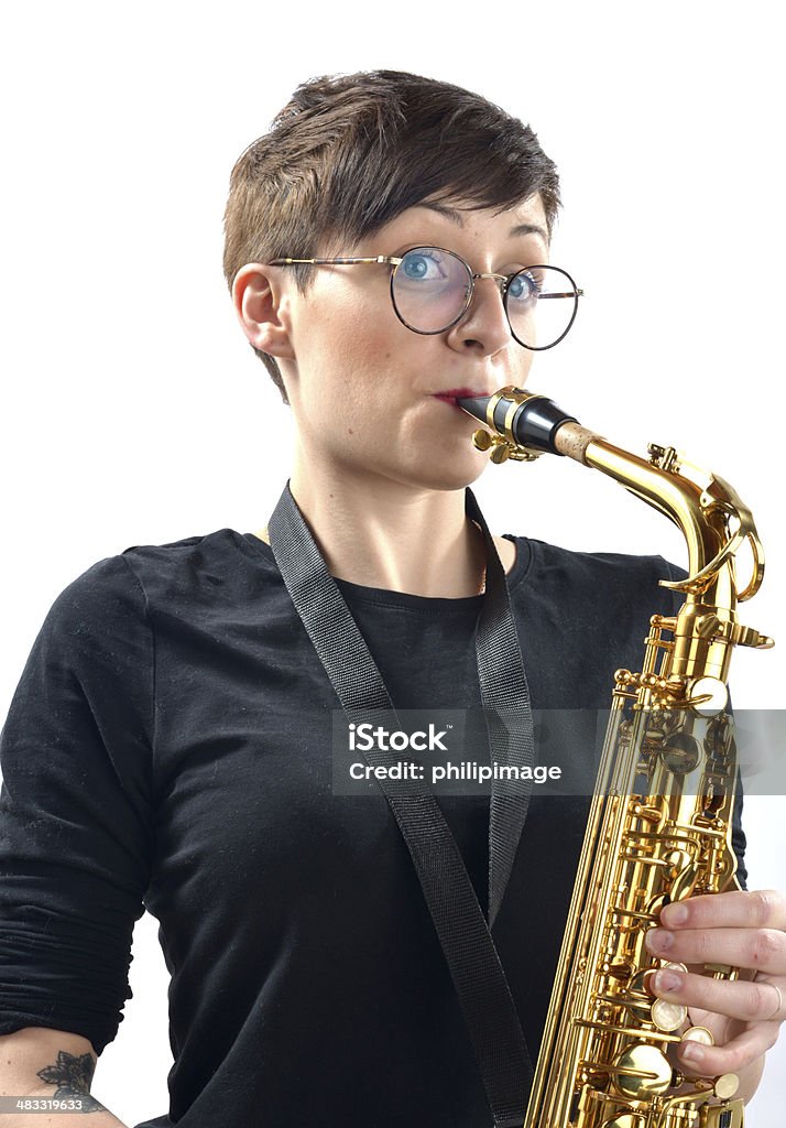 Girl with saxophone Girl with saxophone on white background 20-24 Years Stock Photo