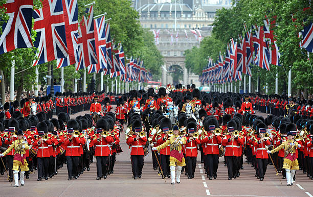 London Celebration London, UK - June, 13th 2009:British soldiers and bandsmen march through London in the Queen\'s birthday parade british royalty photos stock pictures, royalty-free photos & images