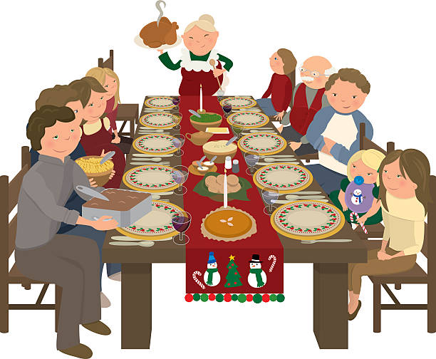 Family Christmas Dinner Table vector art illustration