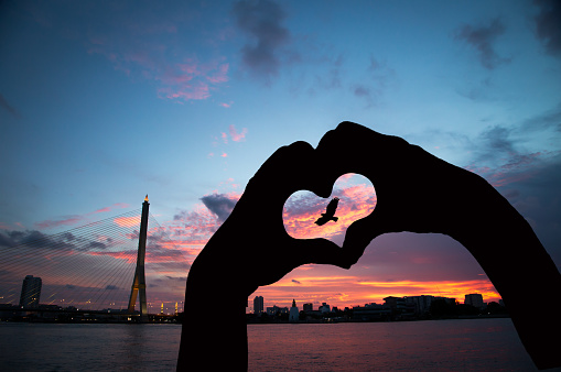 Young Asian girl making heart with hands in sky
