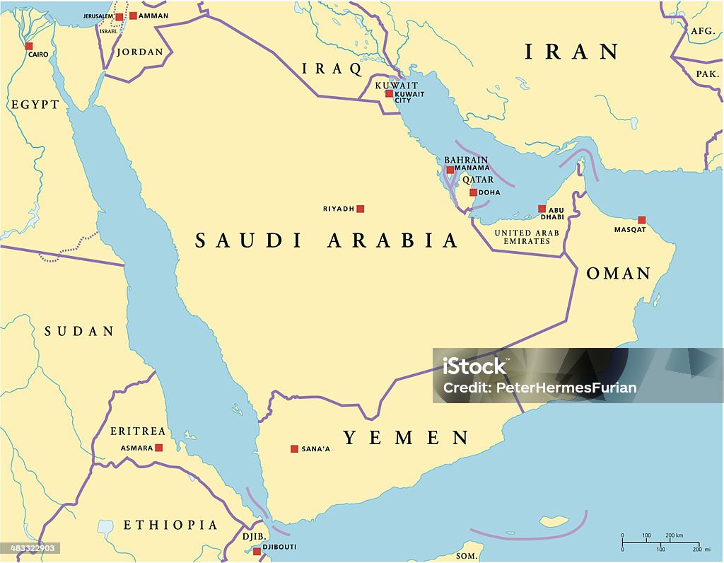 Península Árabe mapa político - Royalty-free Canal do Suez arte vetorial