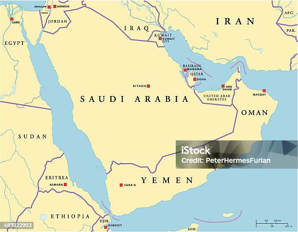 Península Árabe Mapa Político - Arte vetorial de stock e mais imagens de Canal do Suez - Canal do Suez, Vetor, Abu Dhabi