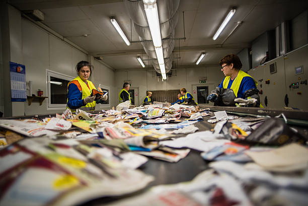 Workers sorting papers at recycling plant Workers sorting papers on factory assembly line for recycling at recycling plant. recycling center stock pictures, royalty-free photos & images