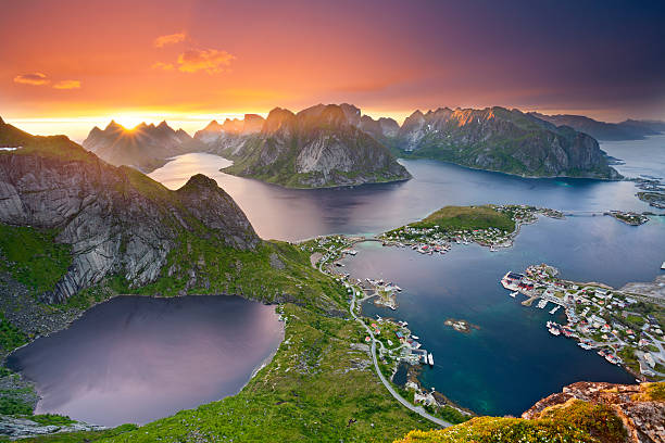 Lofoten Islands. View from Reinebringen at Lofoten Islands, located in Norway, during summer sunset. lofoten and vesteral islands photos stock pictures, royalty-free photos & images