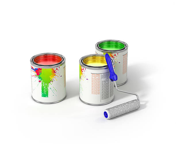 istock Group of can paints and roller brush. 483328294