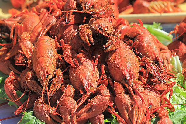 istock Red cooked crayfish on a city street 483332108