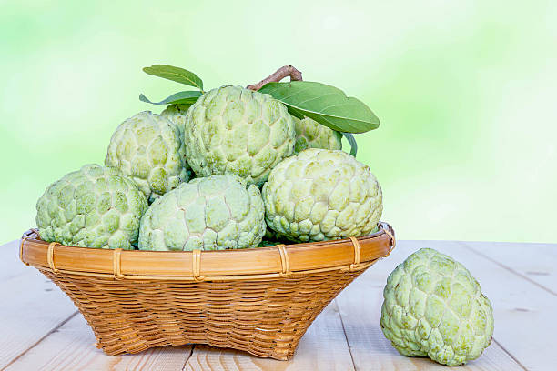 istock Custard apples with basket on old wooden table 483332592