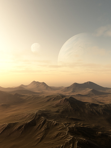 Science fiction illustration of planets rising over the horizon of a desolate alien world, 3d digitally rendered illustration