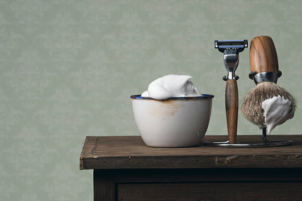 vintage wet Shaving Tools on a wooden Table vintage Shaving Tool on a wooden Table shaving cream stock pictures, royalty-free photos & images