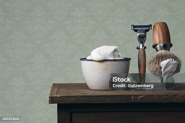 Vintage Wet Shaving Tools On A Wooden Table Stock Photo - Download Image Now - Shaving Cream, Razor, Men