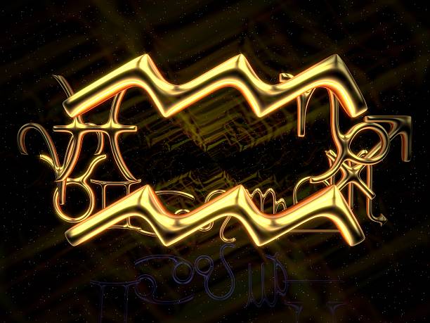 the zodiac sign of Aquarius in the foregound, in gold