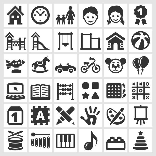 Daycare black and white royalty free vector interface icon set Daycare black and white royalty free vector interface icon set. This editable vector file features black interface icons on white Background. The interface icons are organized in rows and can be used as app interface icons, online as internet web buttons, and in digital and print. preschool building stock illustrations