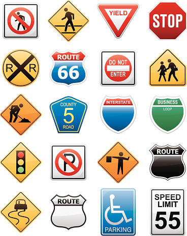 A wide variety of American road signs. This set includes the stop sign as well as handicap parking, speed limit, construction, do not enter, railroad, walk and don't walk, yield, stoplight, business loop, county road, no parking and interstate signs. It also includes the popular Route 66 sign.