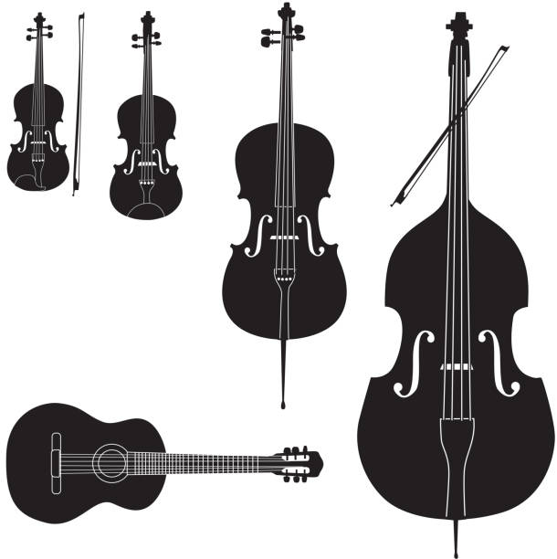ilustraciones, imágenes clip art, dibujos animados e iconos de stock de stringed colección de iconos de instrumentos musicales - arco equipo musical