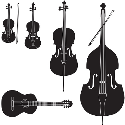 Music instruments vector set. Stringed musical instrument silhouette on white background. 