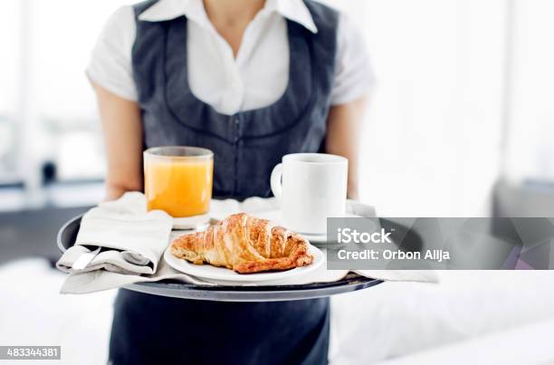 Room Service Hotel Staff Carries Breakfast Tray Stock Photo - Download Image Now - Hotel, Room Service, Breakfast