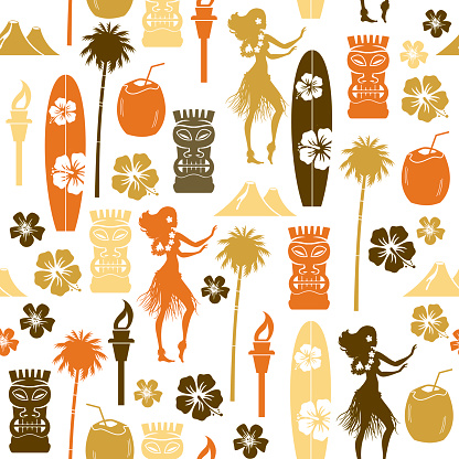 A seamless pattern of Hawaiian related icons. See below for an icon set of this image. 