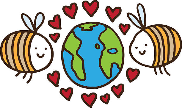 Two bees with love hearts around planet earth vector art illustration